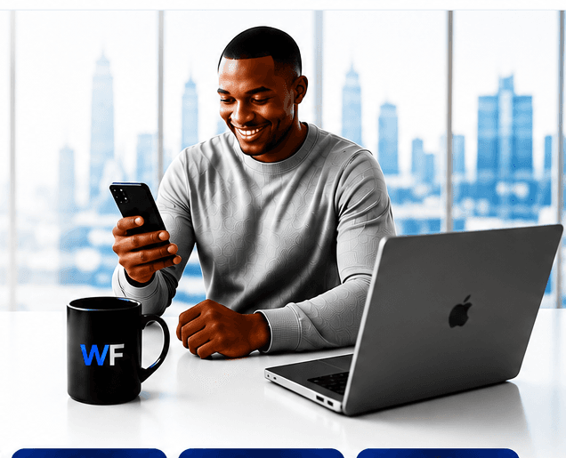 Trader smiling while using a mobile phone beside a laptop